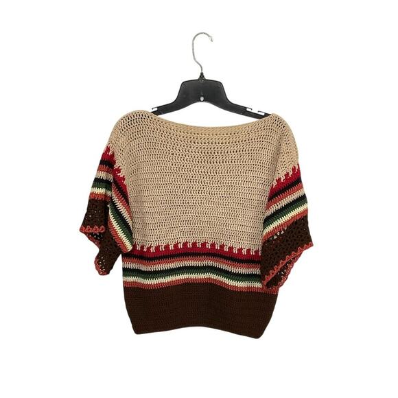 Handmade Sweaters - Handmade Crochet Knit Boat Neck Short Sleeve Striped Sweater 70s Vibes Medium